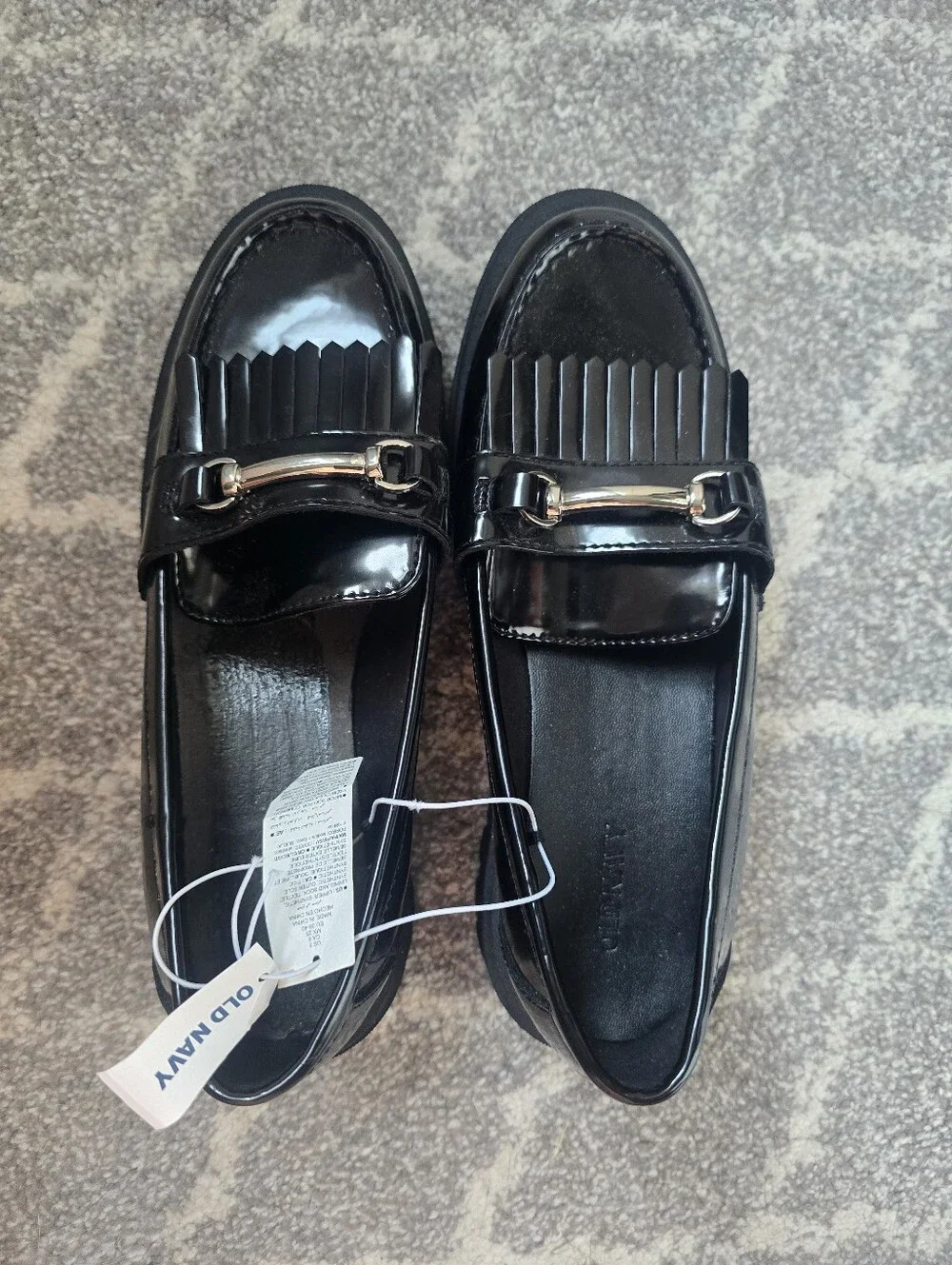 Old Navy Black Patent Loafers with Kiltie Fringe and Gold Horsebit